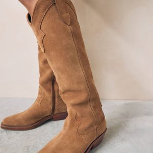 BamCrea48326 Brown Suede Cowboy Boho Knee High Boots