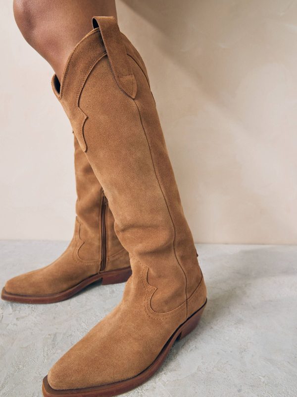 BamCrea48326 Brown Suede Cowboy Boho Knee High Boots