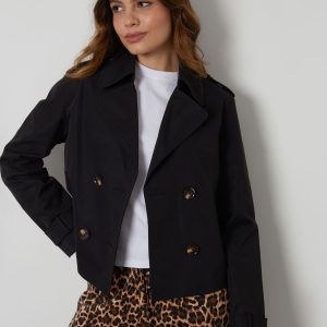 BamCrea48346 Black Double Breasted Cropped Trench Jacket