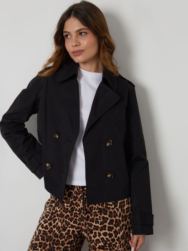 BamCrea48346 Black Double Breasted Cropped Trench Jacket