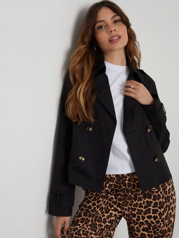 BamCrea48346 Black Double Breasted Cropped Trench Jacket - Image 4