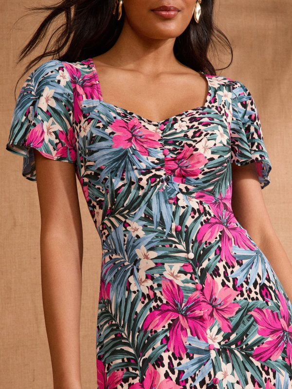 BamCrea48343 Blue Tropical Sweetheart Neck Short Sleeve Midi Dress - Image 2