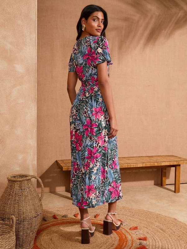BamCrea48343 Blue Tropical Sweetheart Neck Short Sleeve Midi Dress - Image 3