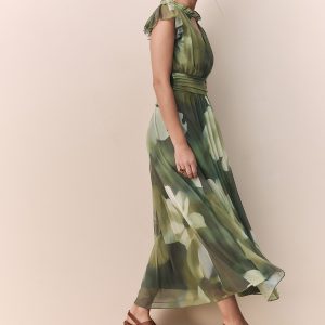BamCrea48336 Green Floral Pleated Mesh Print V-Neck Occasion Midi Dress