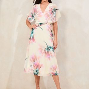BamCrea48344 White Floral Printed Embellished Detail Fit And Flare Midi Dress