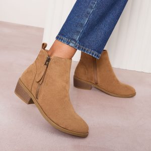 BamCrea48331 Brown Sdard fit Mid Block Heel Side Zip Faux Suede Cuban Boots