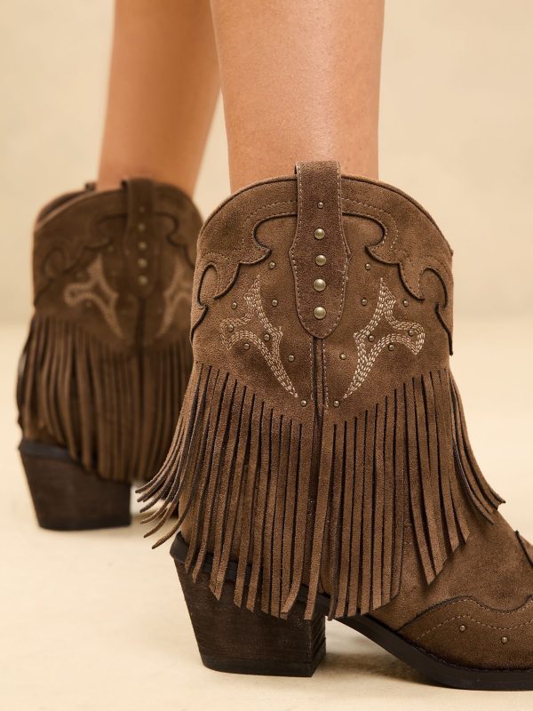 BamCrea48324 Neutral Flat Pull On Tassel Western Ankle Boots - Image 2