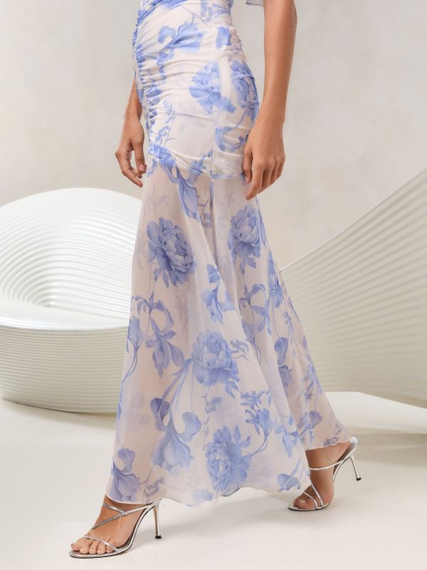 BamCrea48341 White Floral Print Mesh Angel Sleeve Maxi Dress - Image 5