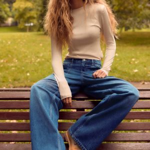 BamCrea48357 Blue Adjustable Cinch Back Wide Leg 100% Cotton Jeans