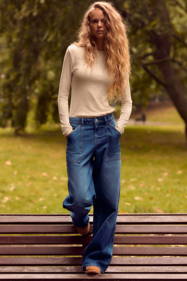 BamCrea48357 Blue Adjustable Cinch Back Wide Leg 100% Cotton Jeans - Image 2