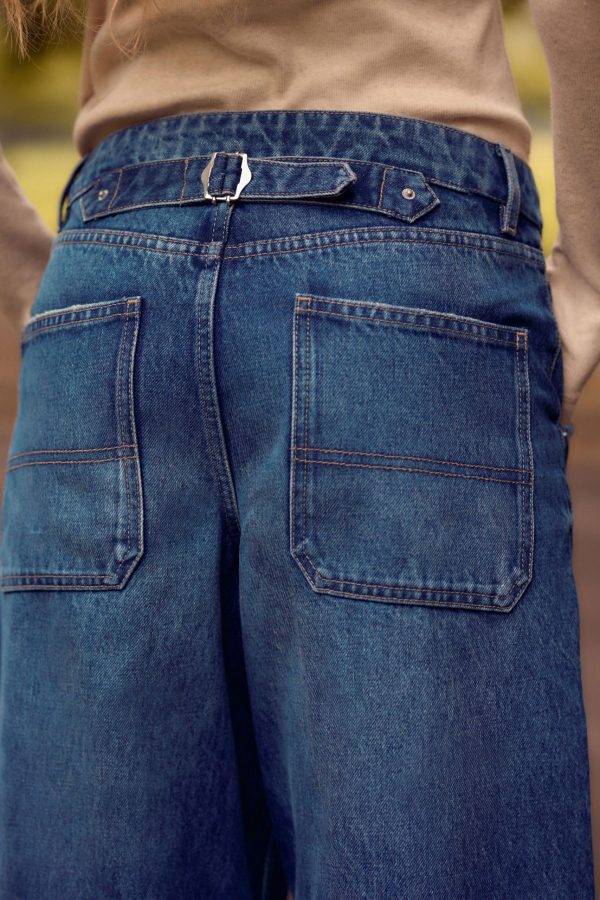 BamCrea48357 Blue Adjustable Cinch Back Wide Leg 100% Cotton Jeans - Image 4