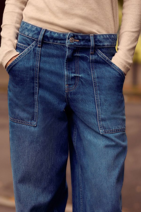 BamCrea48357 Blue Adjustable Cinch Back Wide Leg 100% Cotton Jeans - Image 5