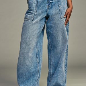 BamCrea48358 Mid Blue Adjustable Cinch Back Wide leg Hourglass 100% Cotton Jeans