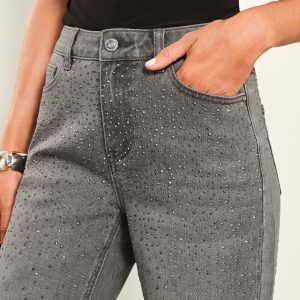 BamCrea48362 Grey Diamante Mid Rise Wide Leg Jeans