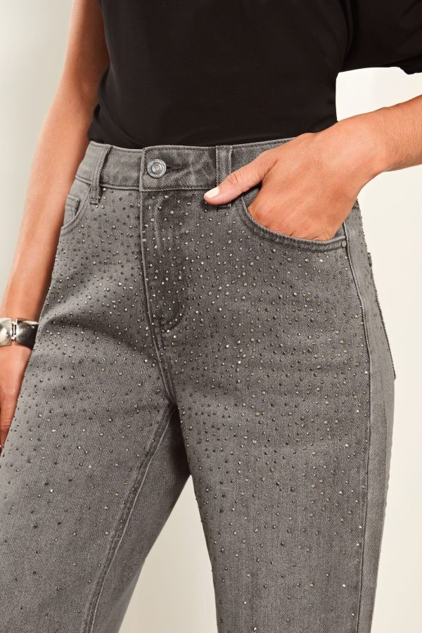 BamCrea48362 Grey Diamante Mid Rise Wide Leg Jeans