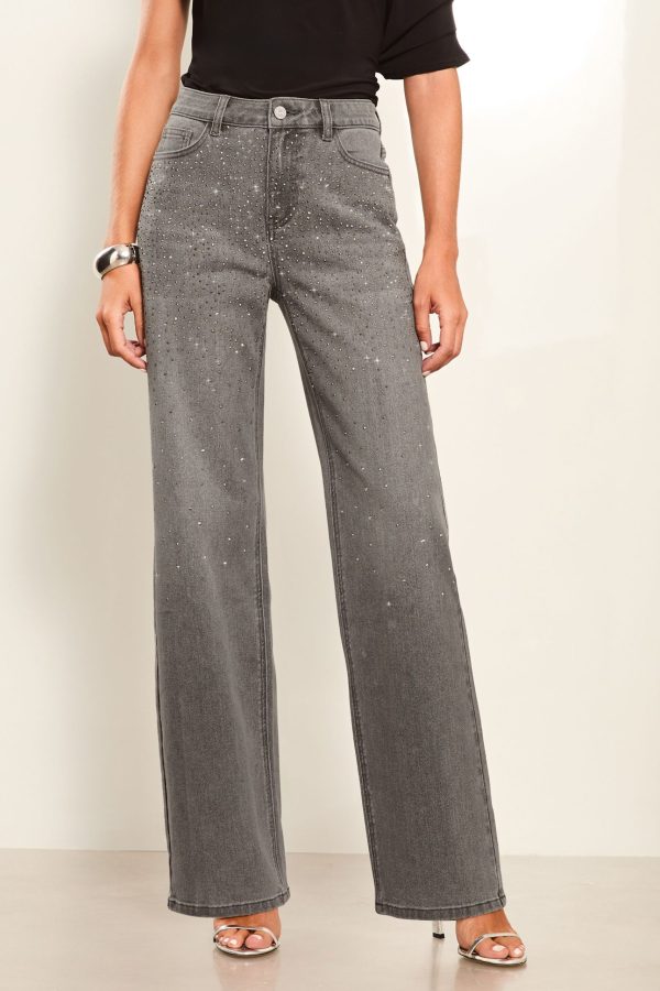 BamCrea48362 Grey Diamante Mid Rise Wide Leg Jeans - Image 2