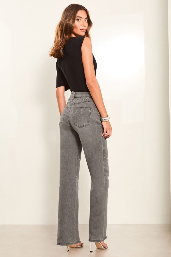 BamCrea48362 Grey Diamante Mid Rise Wide Leg Jeans - Image 4