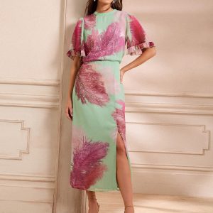 BamCrea48334 Green Feather Sequin Angel Sleeve Midi Dress
