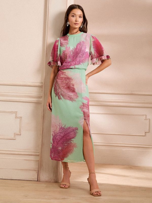 BamCrea48334 Green Feather Sequin Angel Sleeve Midi Dress
