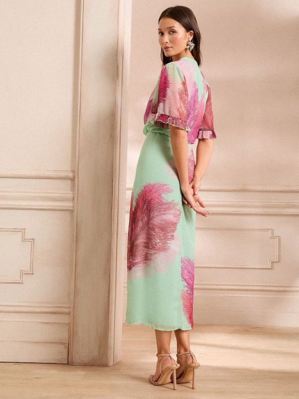 BamCrea48334 Green Feather Sequin Angel Sleeve Midi Dress - Image 4