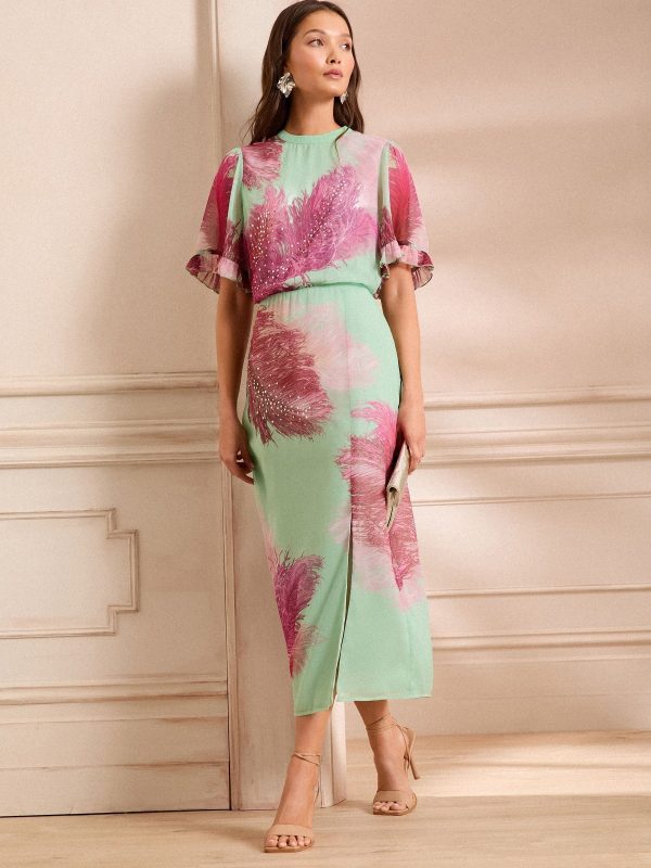 BamCrea48334 Green Feather Sequin Angel Sleeve Midi Dress - Image 5