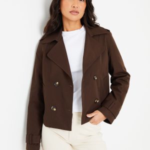 BamCrea48354 Chocolate Brown Double Breasted Cropped Trench Jacket