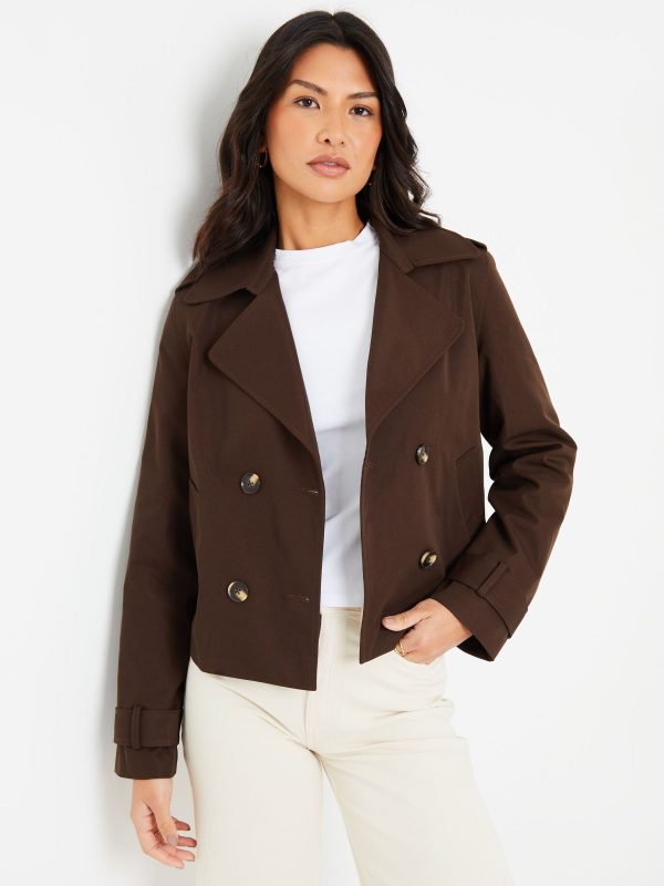 BamCrea48354 Chocolate Brown Double Breasted Cropped Trench Jacket