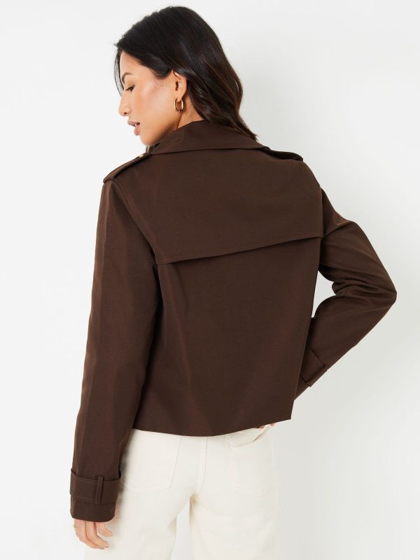 BamCrea48354 Chocolate Brown Double Breasted Cropped Trench Jacket - Image 2