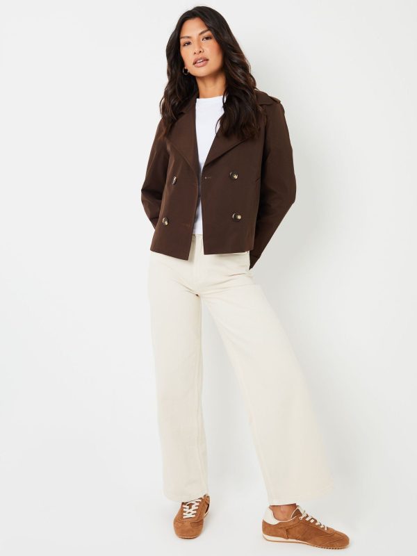 BamCrea48354 Chocolate Brown Double Breasted Cropped Trench Jacket - Image 3