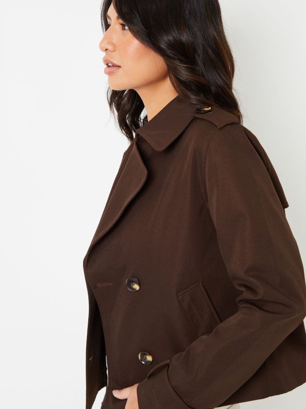 BamCrea48354 Chocolate Brown Double Breasted Cropped Trench Jacket - Image 4