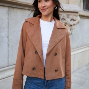 BamCrea48349 Brown Suedette Cropped Trench Jacket