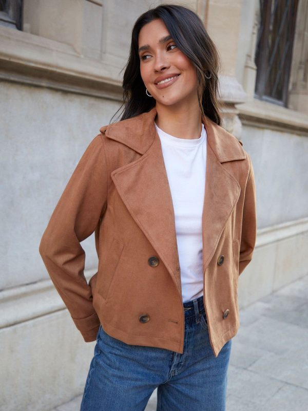 BamCrea48349 Brown Suedette Cropped Trench Jacket - Image 2