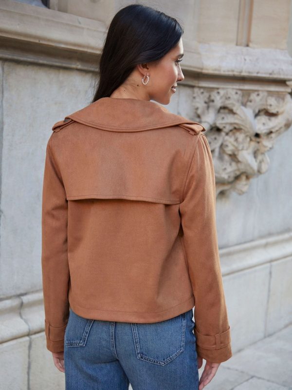BamCrea48349 Brown Suedette Cropped Trench Jacket - Image 3