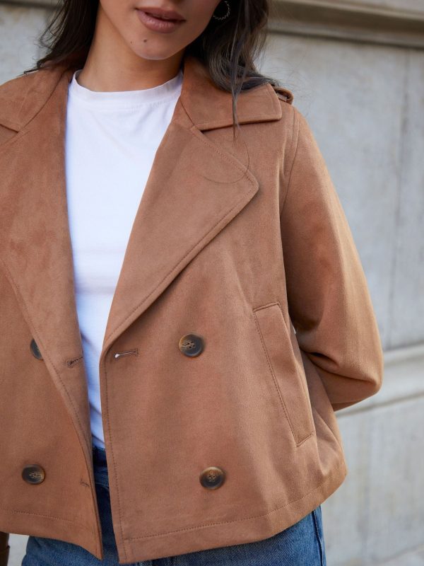 BamCrea48349 Brown Suedette Cropped Trench Jacket - Image 4