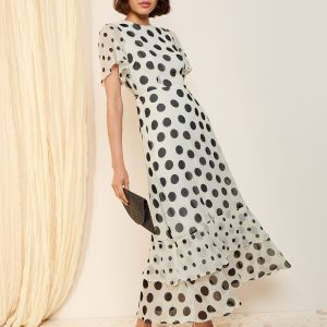 BamCrea48335 Ivory Spot Short Sleeve Chiffon Tiered Maxi Dress
