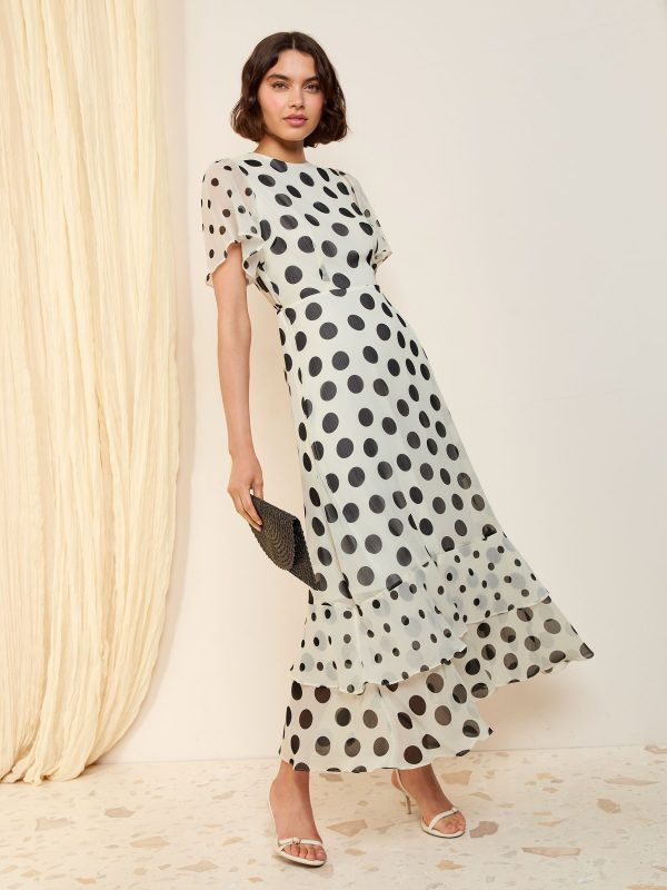 BamCrea48335 Ivory Spot Short Sleeve Chiffon Tiered Maxi Dress