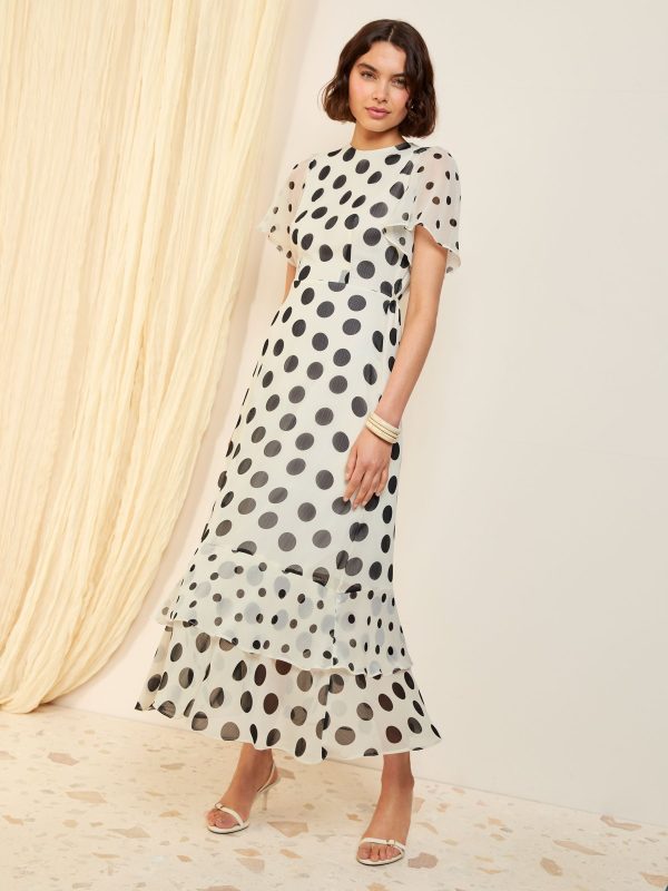 BamCrea48335 Ivory Spot Short Sleeve Chiffon Tiered Maxi Dress - Image 3
