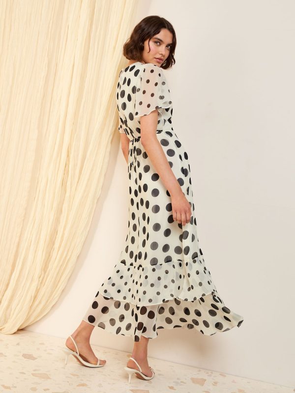 BamCrea48335 Ivory Spot Short Sleeve Chiffon Tiered Maxi Dress - Image 4