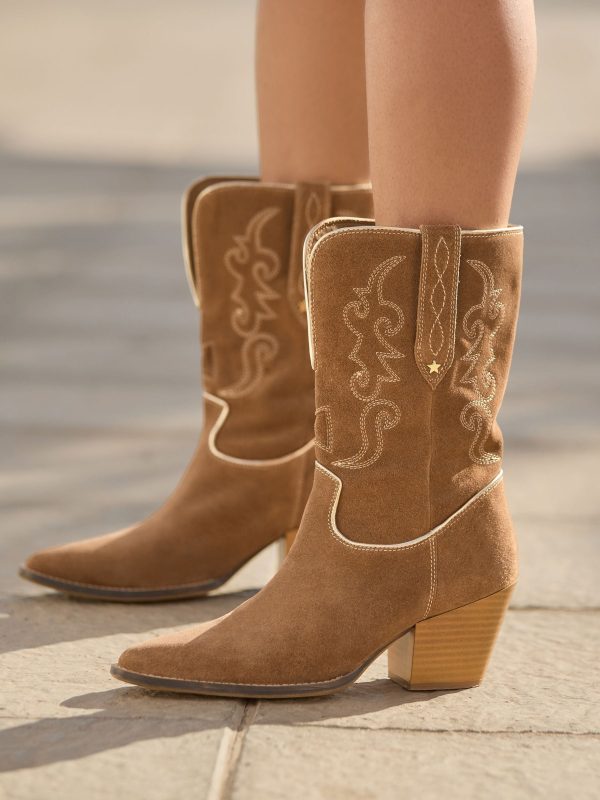BamCrea48330 Brown Pipe Detail Suede Western Boots